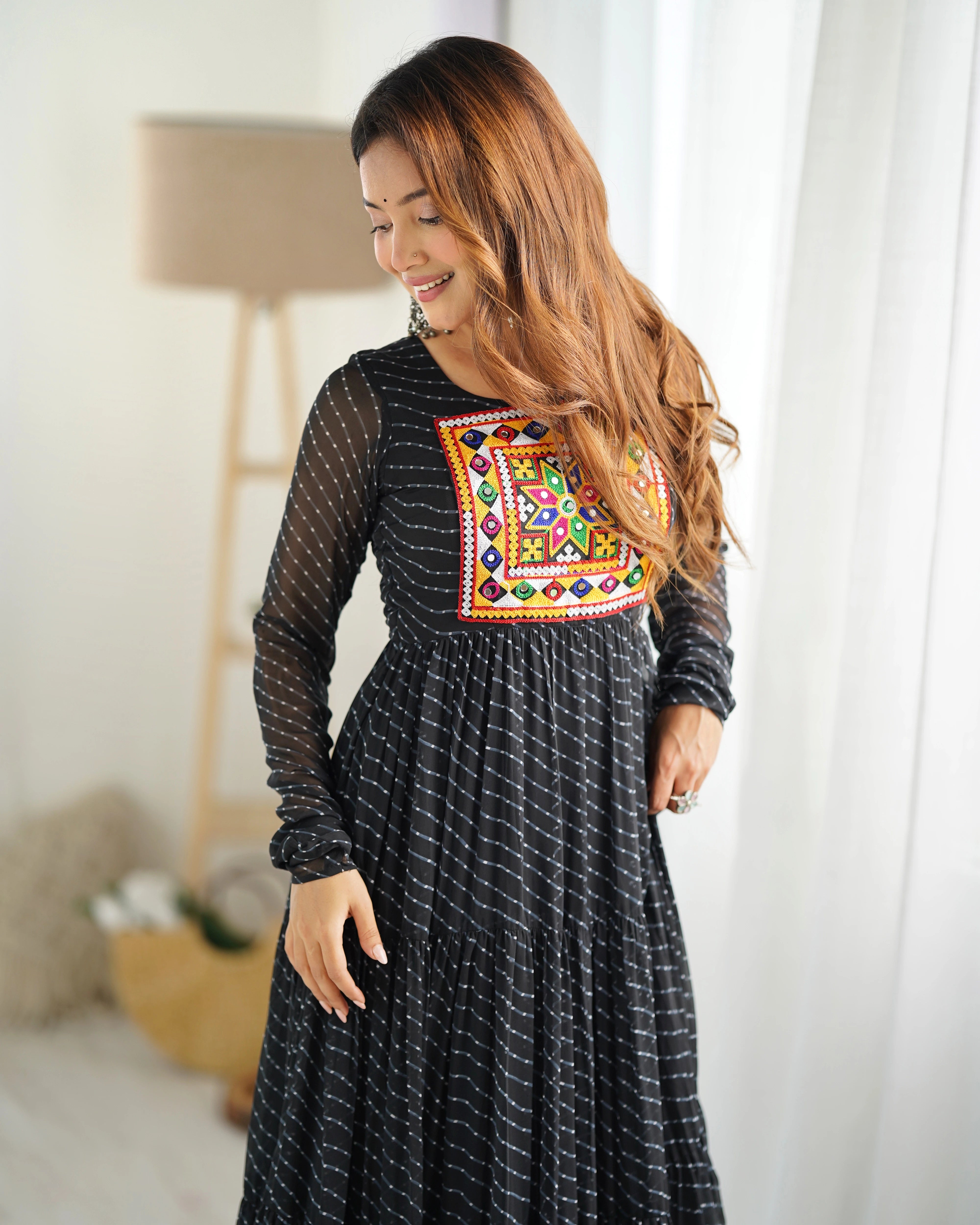 Black Gamthi with Laheriya Print Fox Georgette Gown – Kalyanja